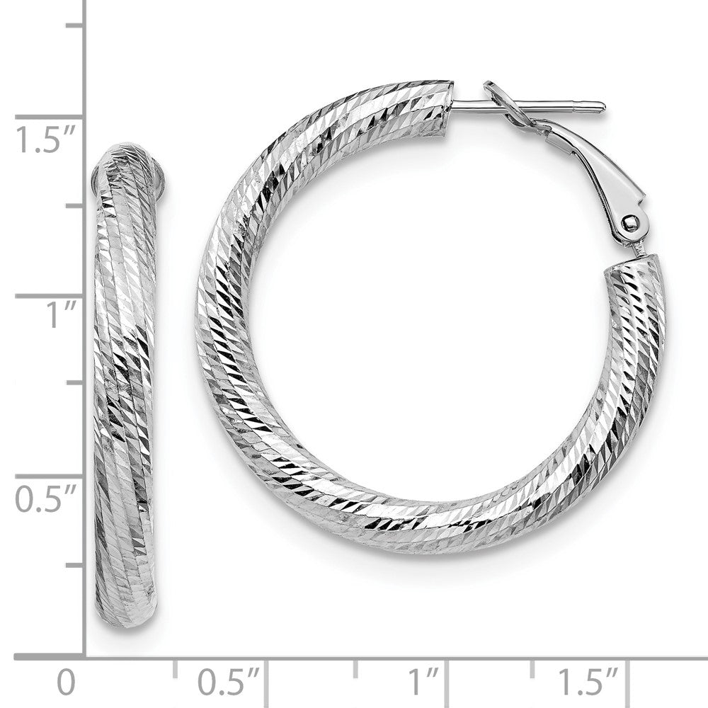 14k White Gold 4x25 White Gold Diamond-Cut Round Omega Back Hoop Earrings