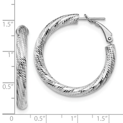 14k White Gold 4x25 White Gold Diamond-Cut Round Omega Back Hoop Earrings