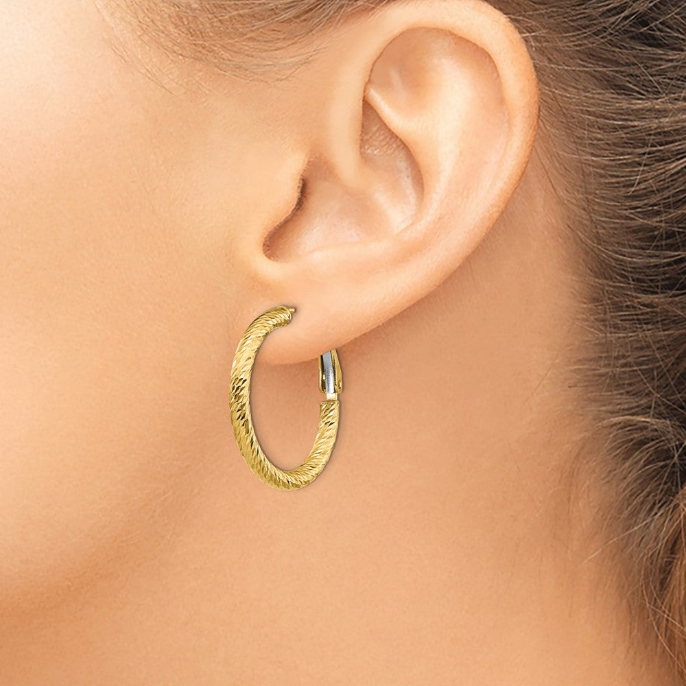 14k Yellow Gold 3x20 Diamond-Cut Round Omega Back Hoop Earrings