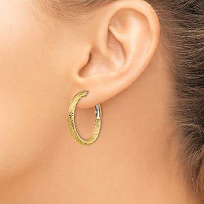 14k Yellow Gold 3x20 Diamond-Cut Round Omega Back Hoop Earrings