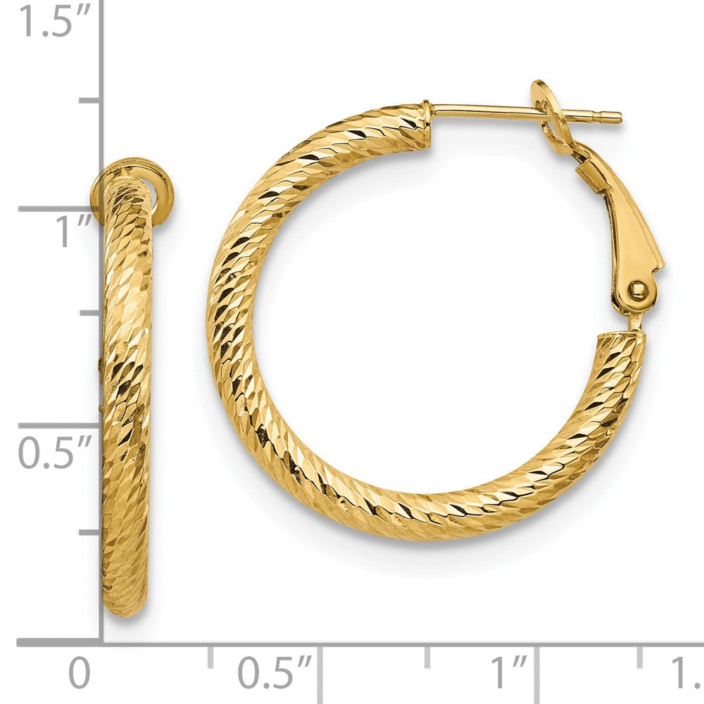 14k Yellow Gold 3x20 Diamond-Cut Round Omega Back Hoop Earrings