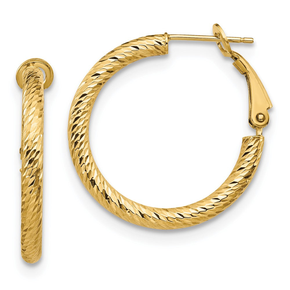 14k Yellow Gold 3x20 Diamond-Cut Round Omega Back Hoop Earrings
