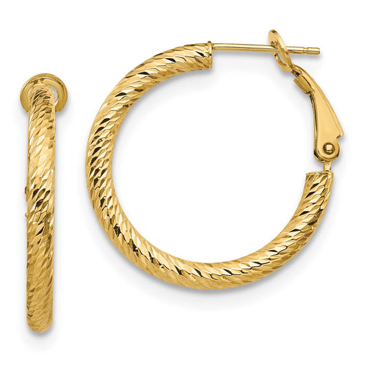 14k Yellow Gold 3x20 Diamond-Cut Round Omega Back Hoop Earrings