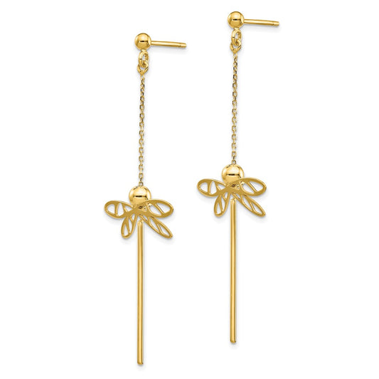 14k Yellow Gold Polished Dragonfly Post Dangle Earrings