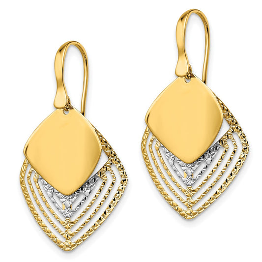 14k White Rhodium Polished Brushed Diamond-Cut Dangle Earrings