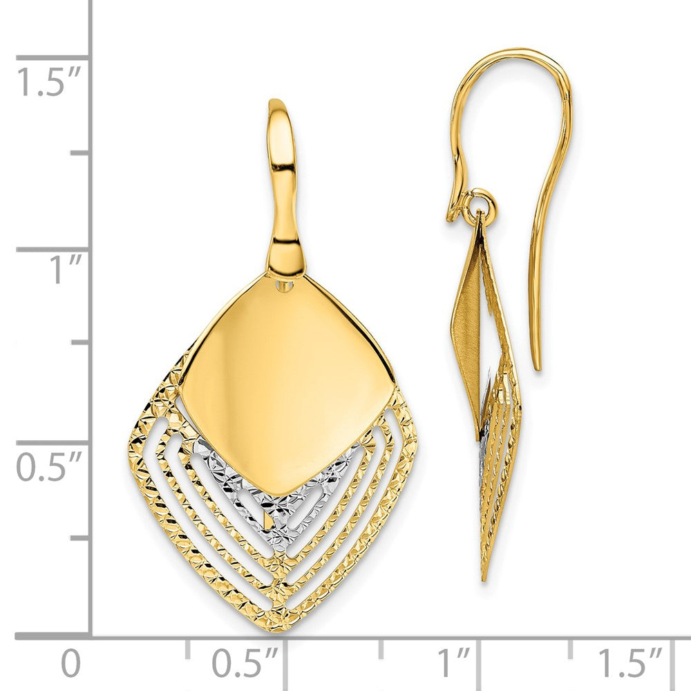 14k White Rhodium Polished Brushed Diamond-Cut Dangle Earrings