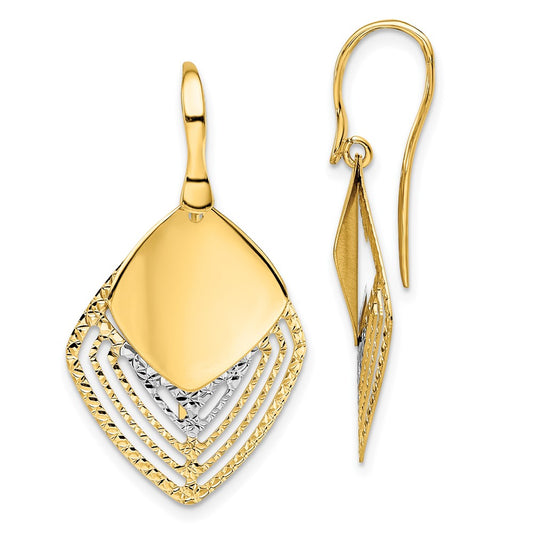 14k White Rhodium Polished Brushed Diamond-Cut Dangle Earrings