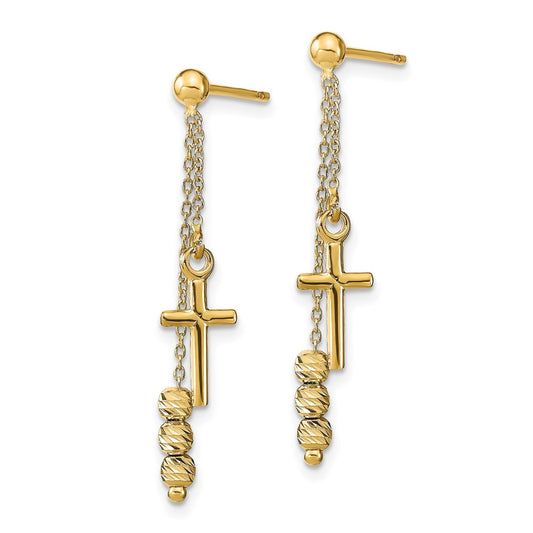 14k Yellow Gold Polished Diamond-Cut Cross Beaded Post Dangle Earrings