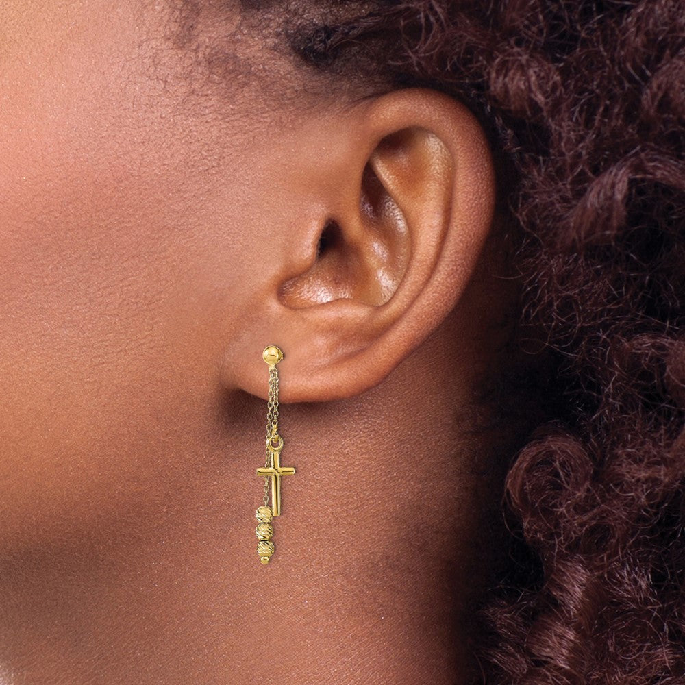 14k Yellow Gold Polished Diamond-Cut Cross Beaded Post Dangle Earrings