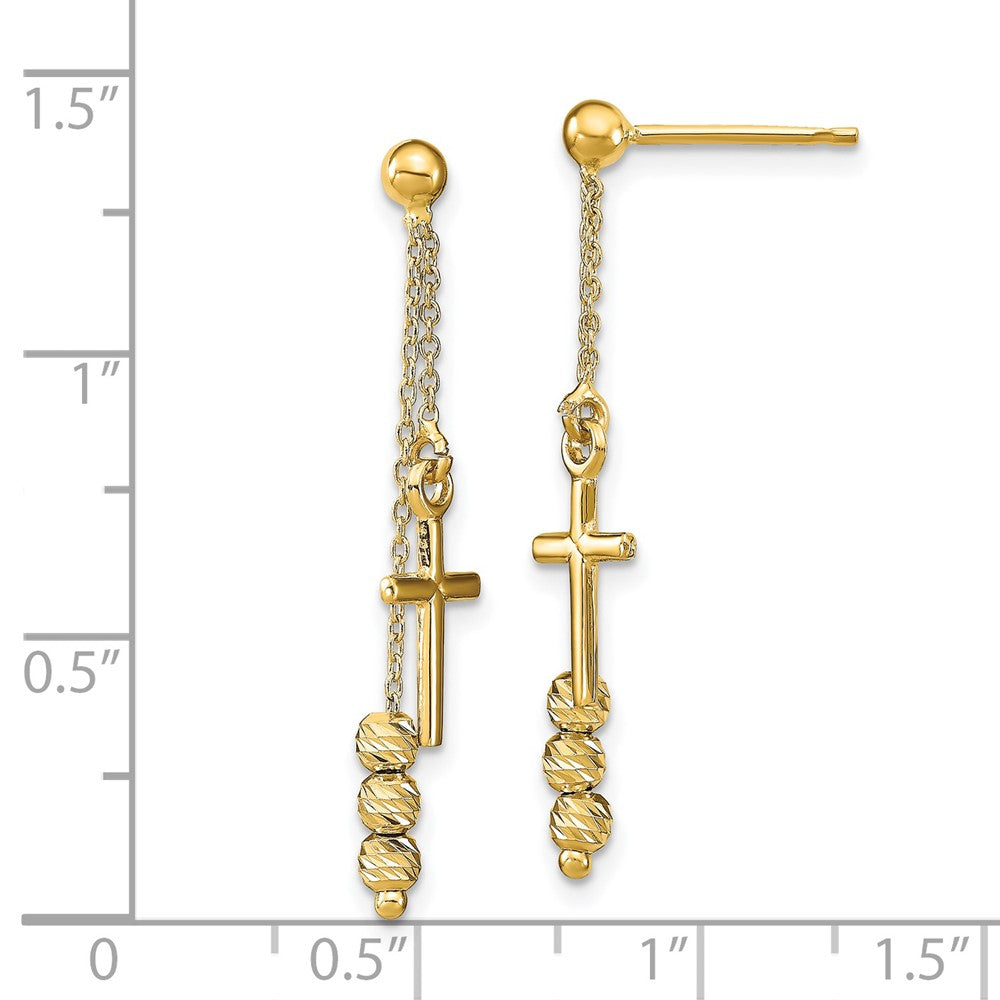 14k Yellow Gold Polished Diamond-Cut Cross Beaded Post Dangle Earrings