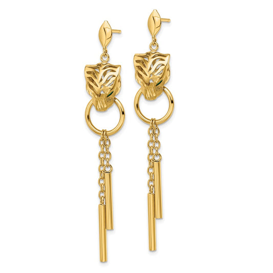 14k Yellow Gold Polished Green Enamel Tiger Post Dangle Earrings