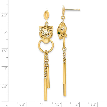14k Yellow Gold Polished Green Enamel Tiger Post Dangle Earrings