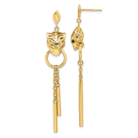 14k Yellow Gold Polished Green Enamel Tiger Post Dangle Earrings