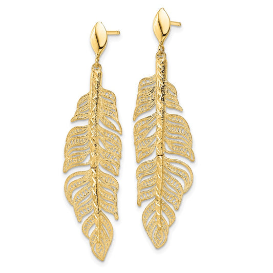 14k Yellow Gold Polished Diamond-Cut Textured Leaf Post Dangle Earrings