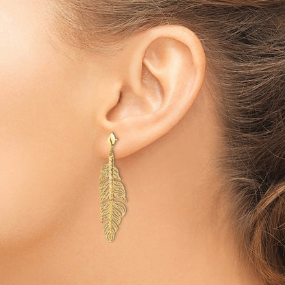 14k Yellow Gold Polished Diamond-Cut Textured Leaf Post Dangle Earrings