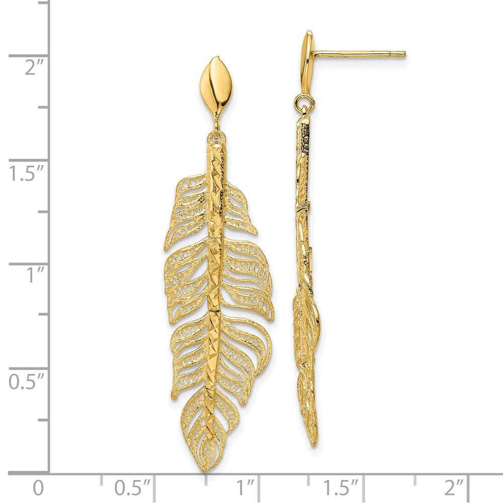 14k Yellow Gold Polished Diamond-Cut Textured Leaf Post Dangle Earrings