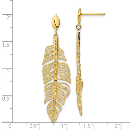 14k Yellow Gold Polished Diamond-Cut Textured Leaf Post Dangle Earrings