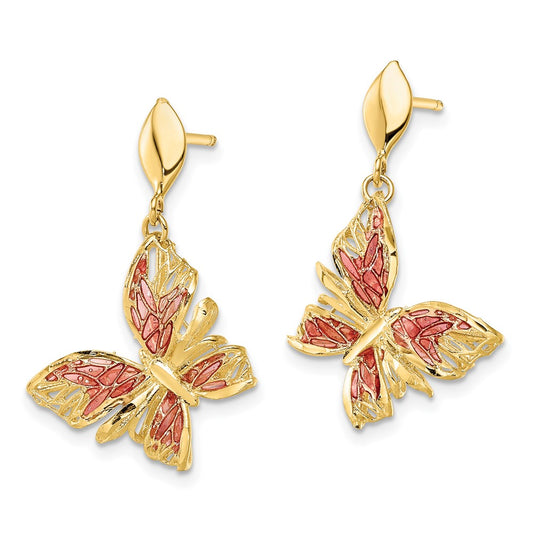 14k Yellow Gold Polished Diamond-Cut Pink Enamel Butterfly Post Dangle Earrings