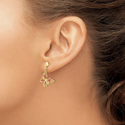 14k Yellow Gold Polished Diamond-Cut Pink Enamel Butterfly Post Dangle Earrings
