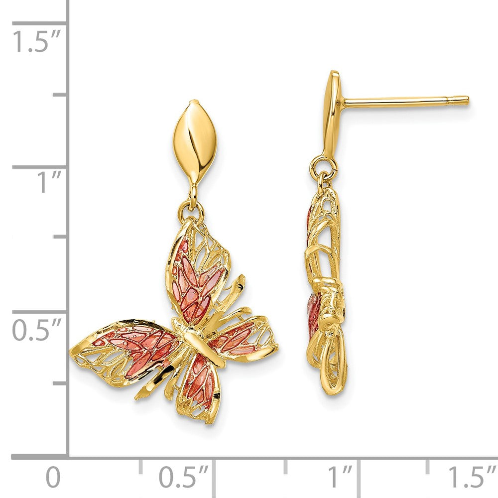 14k Yellow Gold Polished Diamond-Cut Pink Enamel Butterfly Post Dangle Earrings