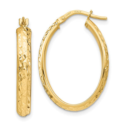 14k Yellow Gold Polished Diamond-Cut Oval Hoop Earrings