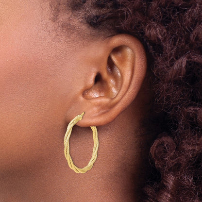 14k Yellow Gold Polished Twisted Textured Hoop Earrings