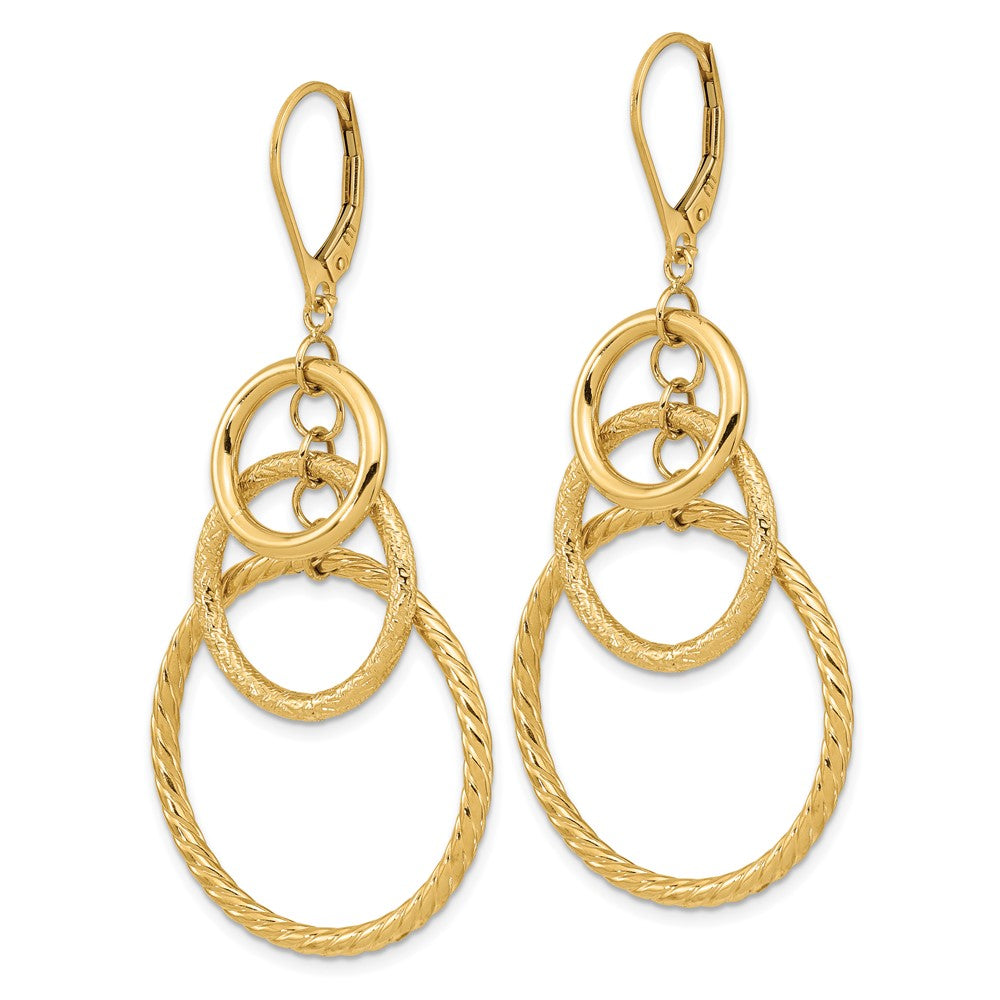 14k Yellow Gold Polished and Textured Leverback Dangle Earrings