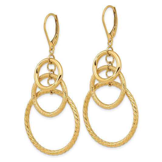 14k Yellow Gold Polished and Textured Leverback Dangle Earrings