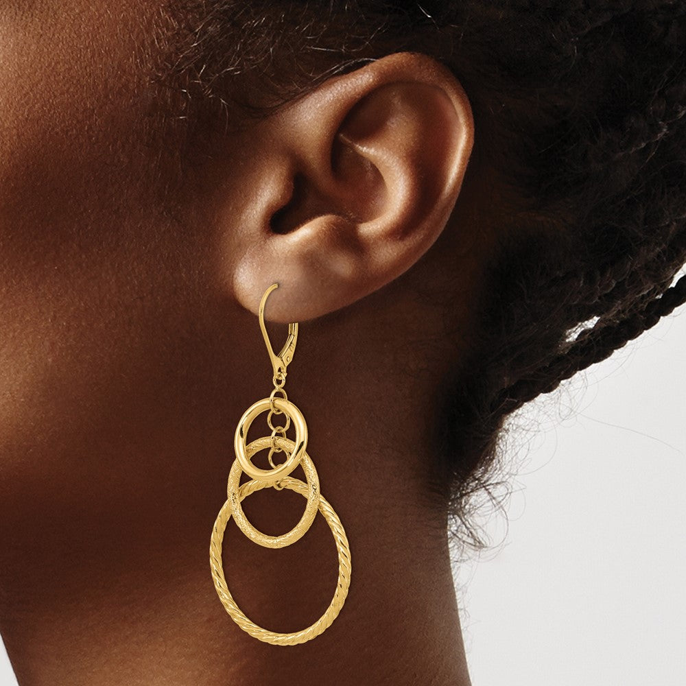 14k Yellow Gold Polished and Textured Leverback Dangle Earrings