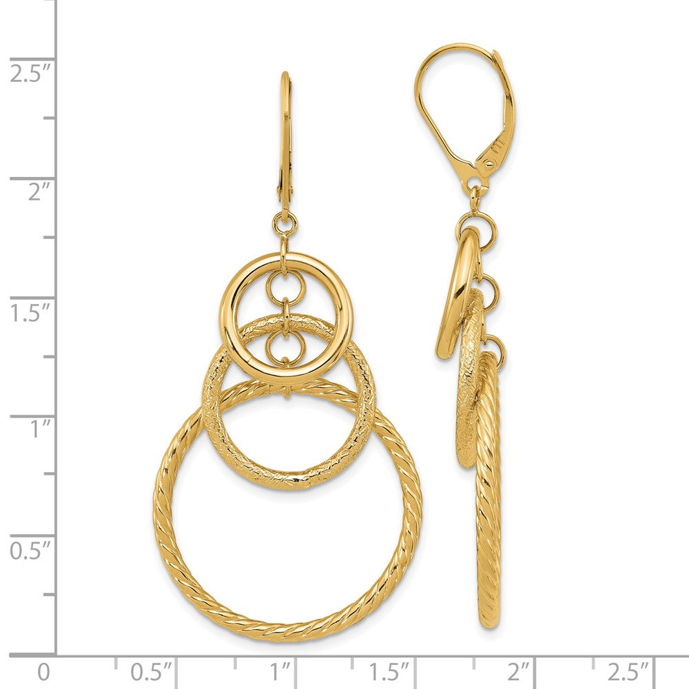 14k Yellow Gold Polished and Textured Leverback Dangle Earrings