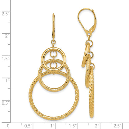 14k Yellow Gold Polished and Textured Leverback Dangle Earrings
