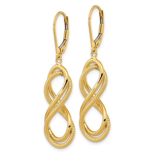 14k Yellow Gold Polished Textured Infinity Leverback Dangle Earrings