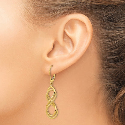 14k Yellow Gold Polished Textured Infinity Leverback Dangle Earrings