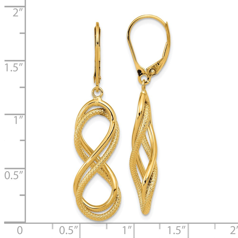 14k Yellow Gold Polished Textured Infinity Leverback Dangle Earrings