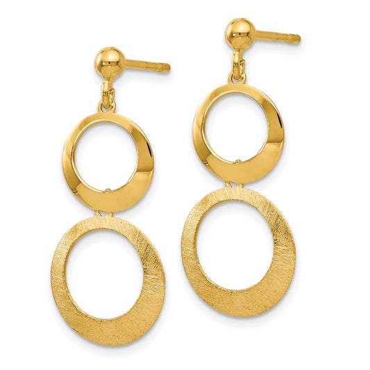 14k Yellow Gold Polished and Scratch Finish Circle Post Dangle Earrings