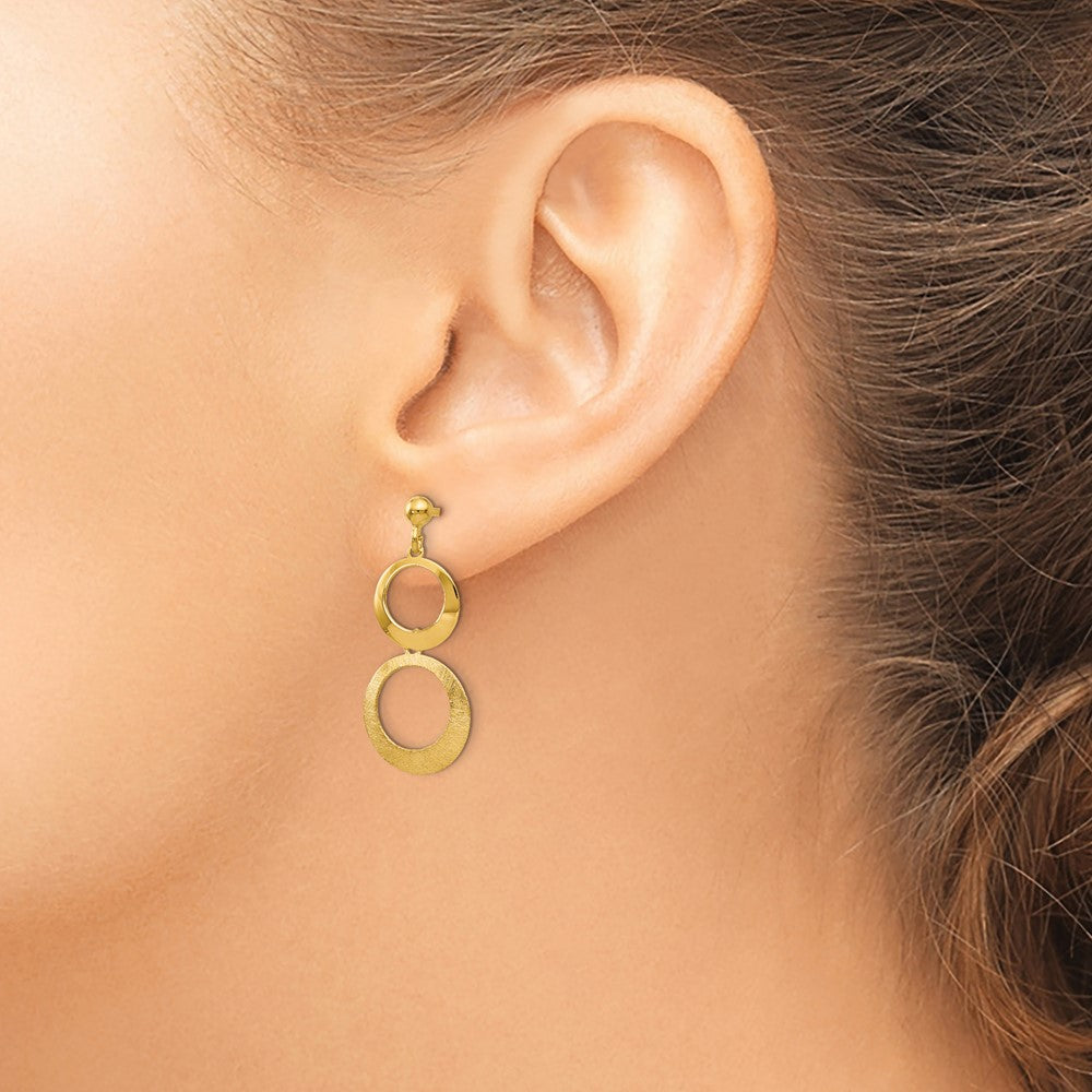 14k Yellow Gold Polished and Scratch Finish Circle Post Dangle Earrings