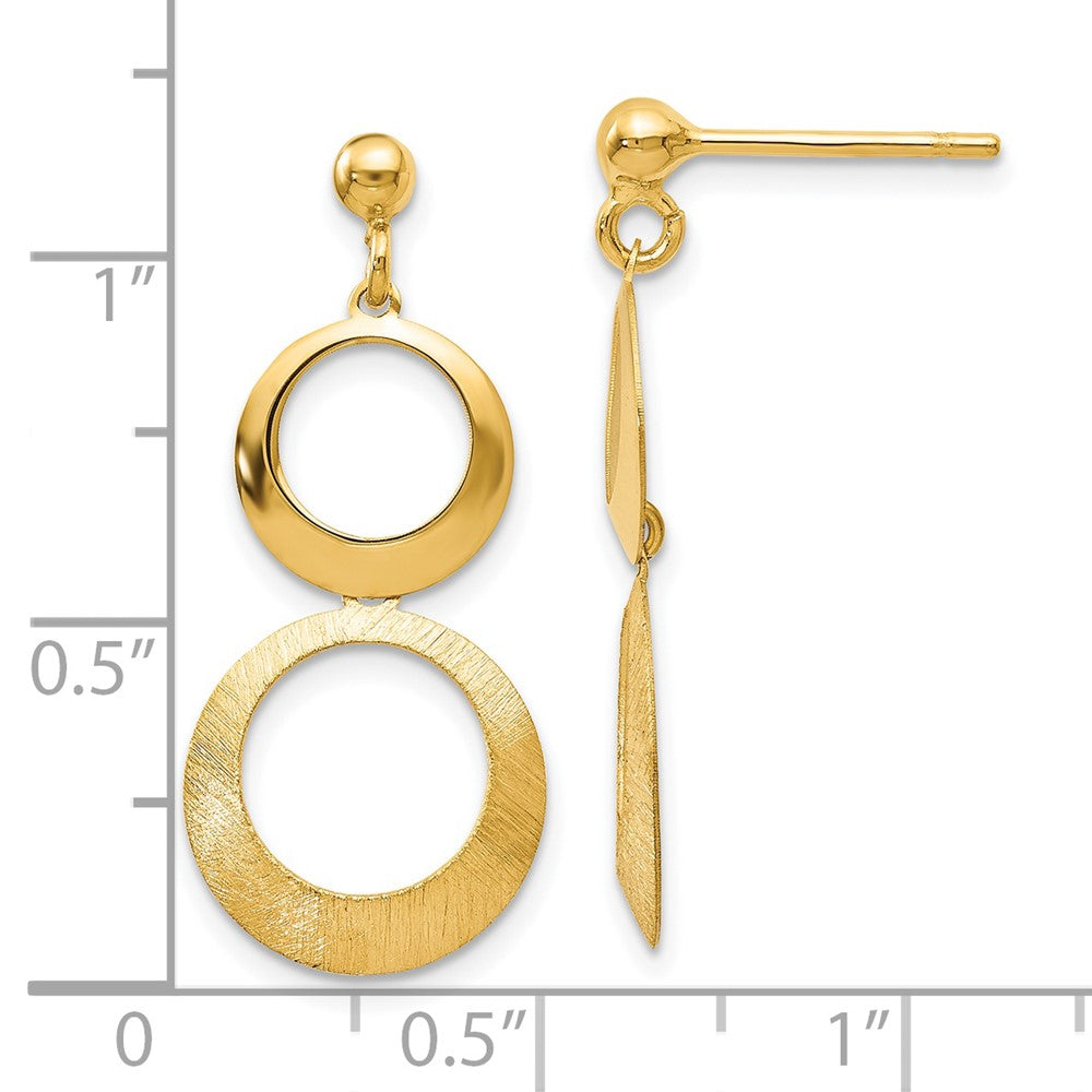 14k Yellow Gold Polished and Scratch Finish Circle Post Dangle Earrings