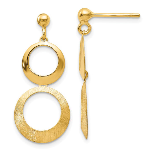 14k Yellow Gold Polished and Scratch Finish Circle Post Dangle Earrings