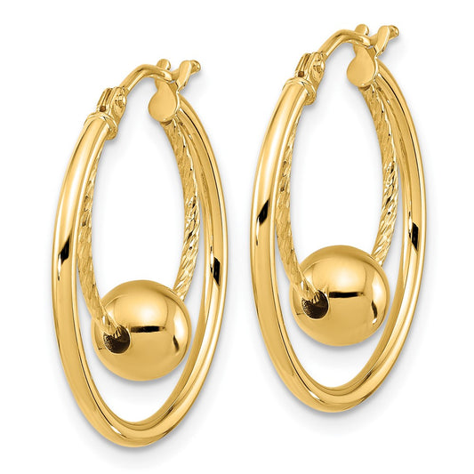 14k Yellow Gold Polished Textured w/ 6mm Ball Hoop Earrings