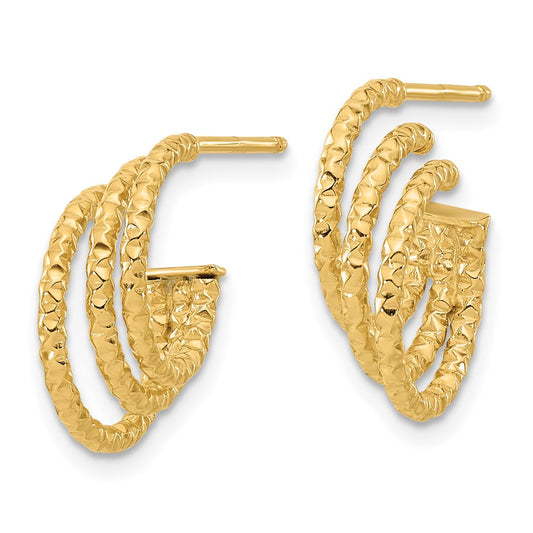 14k Yellow Gold Polished and Hammered Post Hoop Earrings