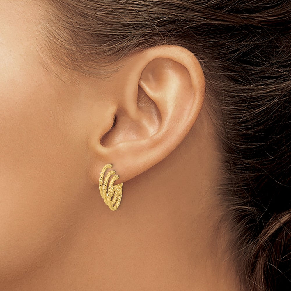 14k Yellow Gold Polished and Hammered Post Hoop Earrings