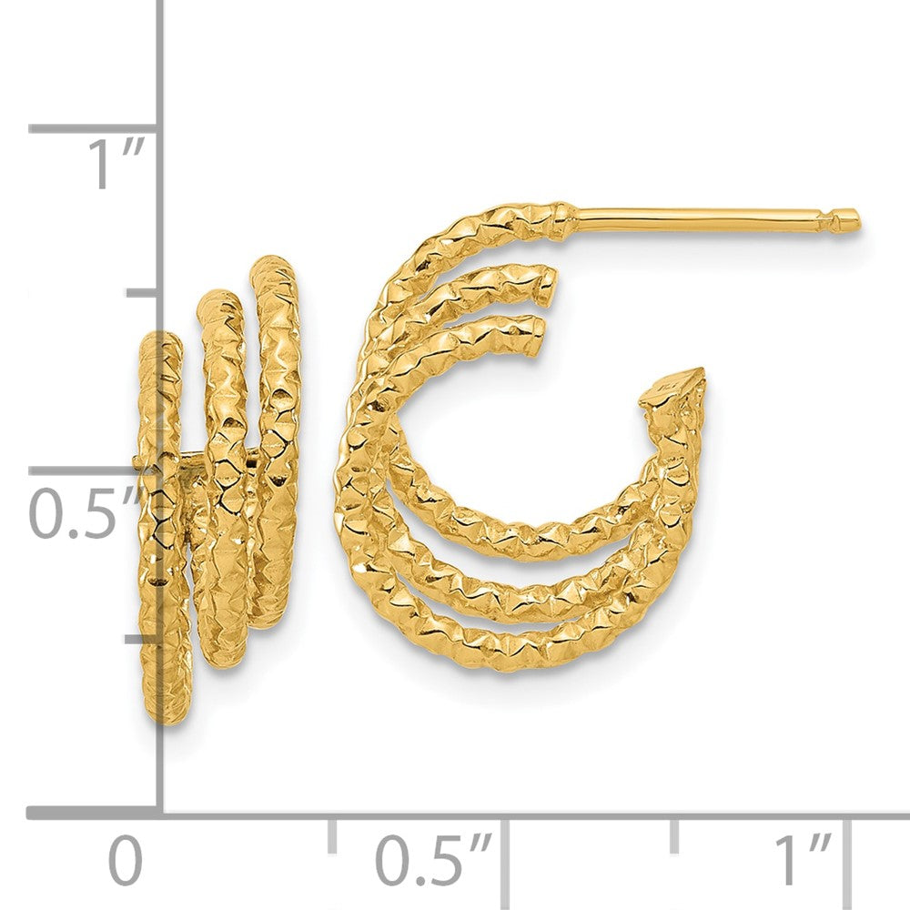 14k Yellow Gold Polished and Hammered Post Hoop Earrings