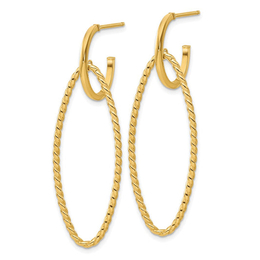 14k Yellow Gold Polished and Twist Dangle Oval J-Hoop Earrings