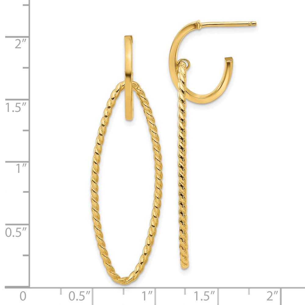 14k Yellow Gold Polished and Twist Dangle Oval J-Hoop Earrings