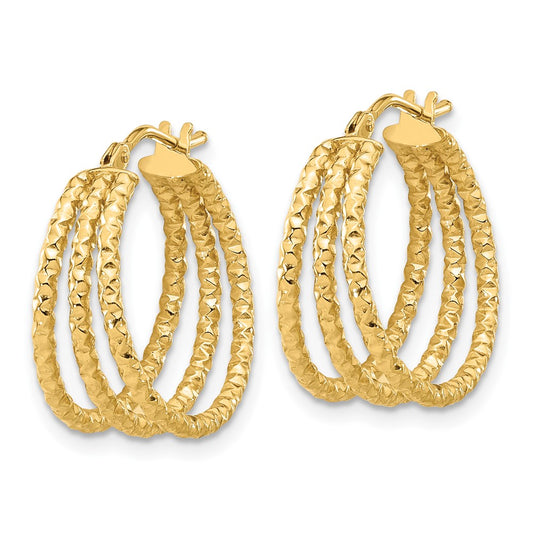 14k Yellow Gold Polished and Textured Three Row Hoop Earrings