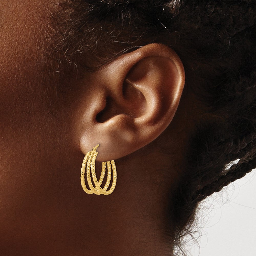 14k Yellow Gold Polished and Textured Three Row Hoop Earrings
