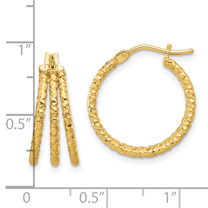 14k Yellow Gold Polished and Textured Three Row Hoop Earrings
