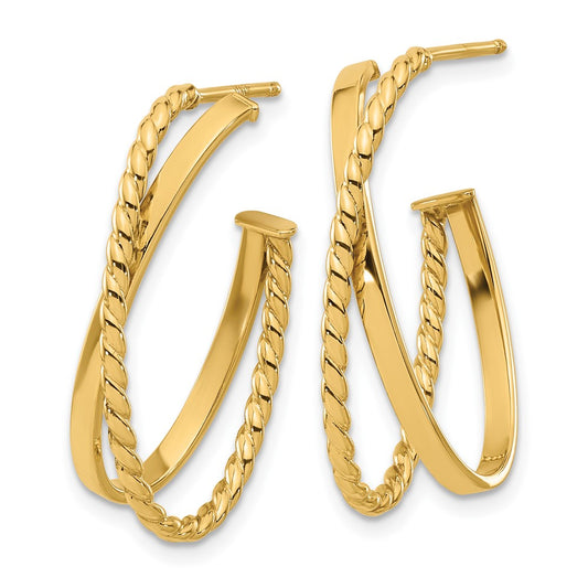 14k Yellow Gold Polished and Twist J-Hoop Earrings