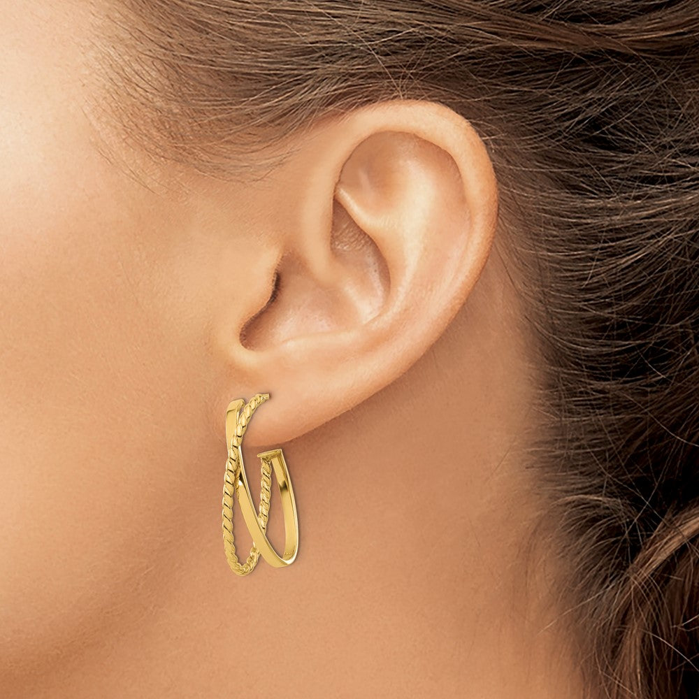 14k Yellow Gold Polished and Twist J-Hoop Earrings