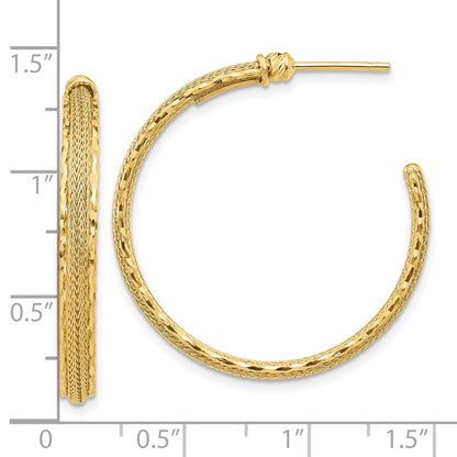 14k Yellow Gold Diamond-cut and Textured Post Hoop Earrings